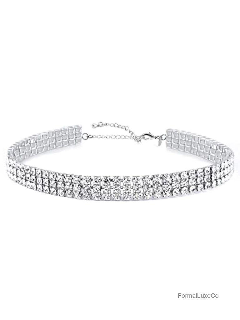 3 Row Rhinestone Choker Necklace 18k Gold Plated Women